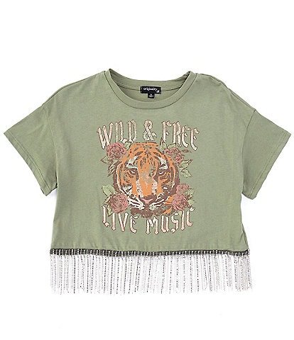 Originality Big Girls 7-16 Short Sleeve Wild & Free Tiger Live Music Rhinestone Fringe Trim T-Shirt