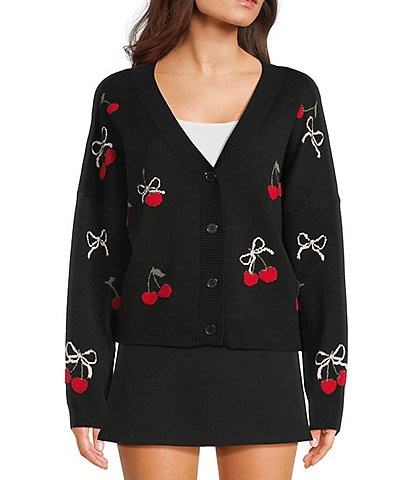 Originality Cherry Bow Long Sleeves Boxy Cardigan
