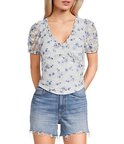 Originality Ditsy Floral Print Short Puff Sleeve Top