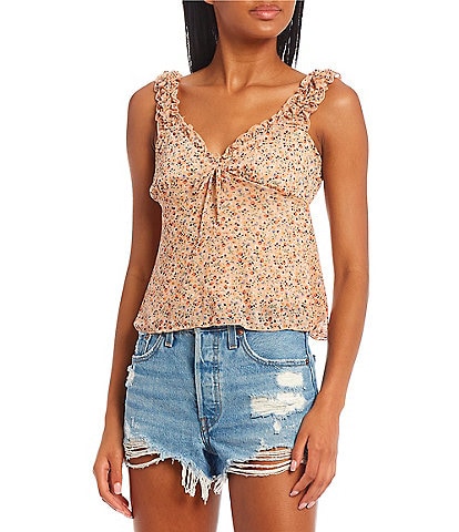 Originality Floral Print Puff Sleeve Front Tie Ruffle Trim Babydoll Top
