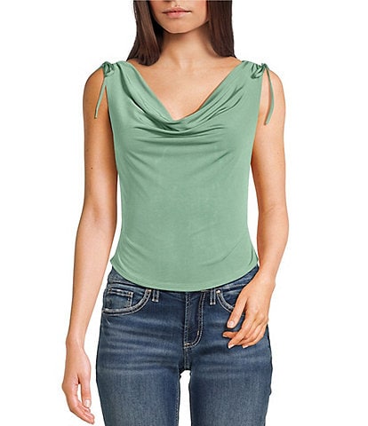 Originality Lace Cowl Neck Tie Shoulder Top