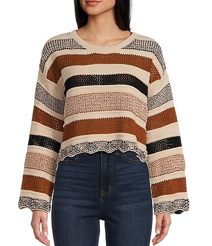 Originality Long Sleeve Stripe Crochet Scallop Edge Sweater