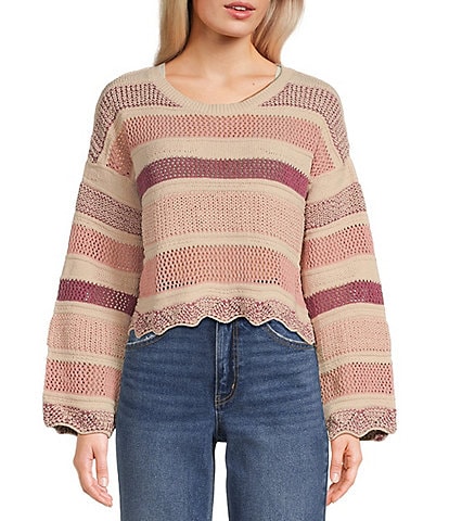 Originality Long Sleeve Stripe Crochet Scallop Edge Sweater