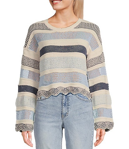 Originality Long Sleeve Stripe Crochet Scallop Edge Sweater