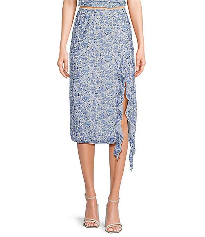 Originality Coordinating Floral Print Mesh Corkscrew Midi Skirt