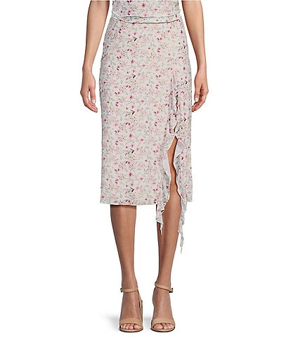 Originality Coordinating Floral Print Mesh Corkscrew Midi Skirt