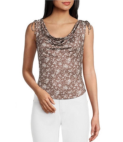 Originality Printed Lace Cowl Neck Tie Shoulder Top