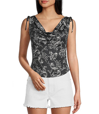 Originality Printed Lace Cowl Neck Tie Shoulder Top