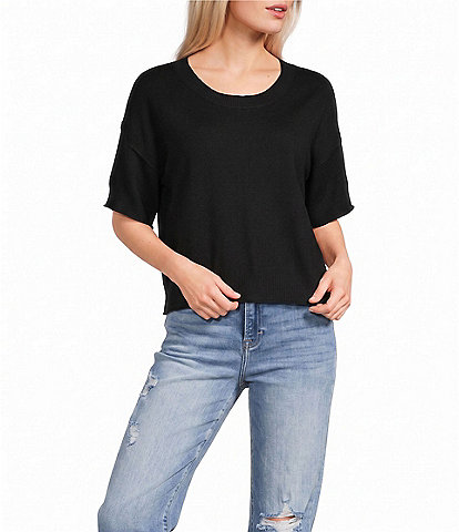 Originality Solid Short Sleeve Cropped Boxy Sweater Top