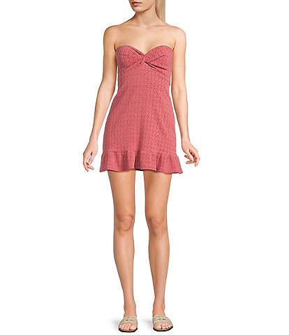 Originality Strapless Twist Bodice Ruffle Hem Mini Dress