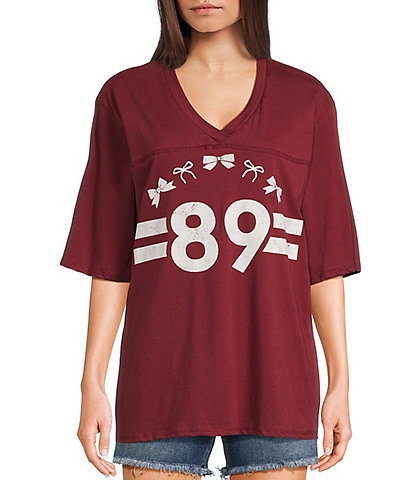 Originality V-Neck Short Sleeve Bow Varsity T-Shirt