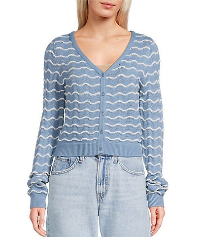 Originality Wavy Stripe V-Neck Button Front Long Sleeve Cropped Cardigan