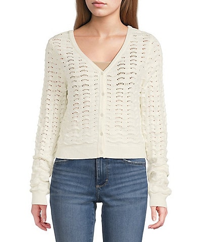 Originality Wavy Stripe V-Neck Button Front Long Sleeve Cropped Cardigan