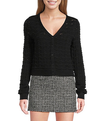 Originality Wavy Stripe V-Neck Button Front Long Sleeve Cropped Cardigan