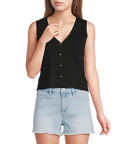 Papermoon Knit V-Neck Button Front Sweater Vest