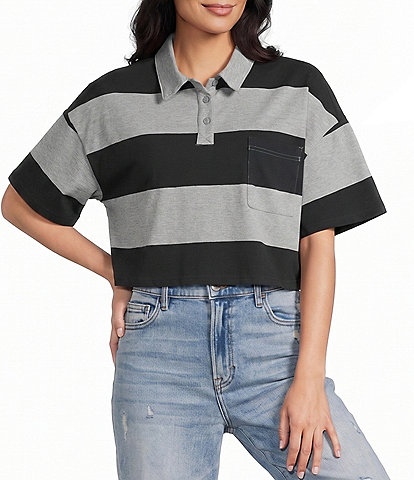 Papermoon Rugby Striped Short Sleeve Cropped Polo Shirt
