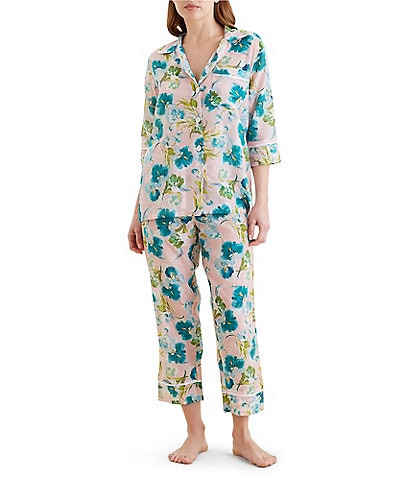 Papinelle Audrey Lightweight Woven 3/4 Sleeve Notch Collar Cropped Pant Pajama Set