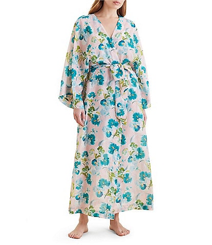Papinelle Audrey Long Sleeve Shawl Collar Lightweight Woven Floral Print Coordinating Long Robe