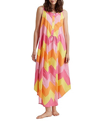 Papinelle Ava Chevron Woven Sleeveless Button-Front Pocketed Nightgown
