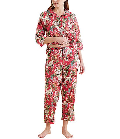 Papinelle Floral Print 3/4 Sleeve Notch Collar Lightweight Woven Cotton Cropped Pajama Set