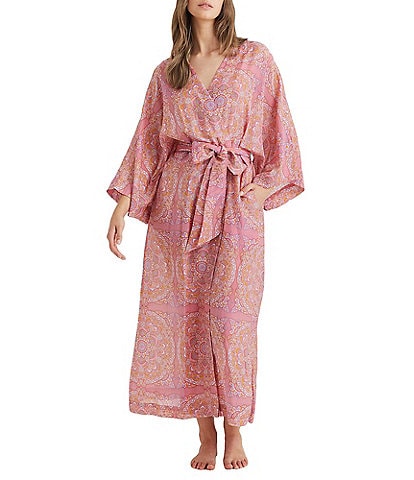 Papinelle Ines Woven 3/4 Sleeve Side Pocket Coordinating Wrap Robe