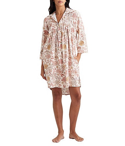 Papinelle Karolina Floral Cozy 3/4 Sleeve Button-Front Nightshirt