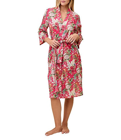 Papinelle Lightweight Cotton Voile Long Sleeve Shawl Collar Floral Print Maxi Robe