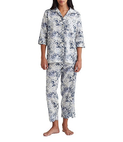 Papinelle Short Sleeve Notch Collar Woven Floral Toile Cropped Pajama Set