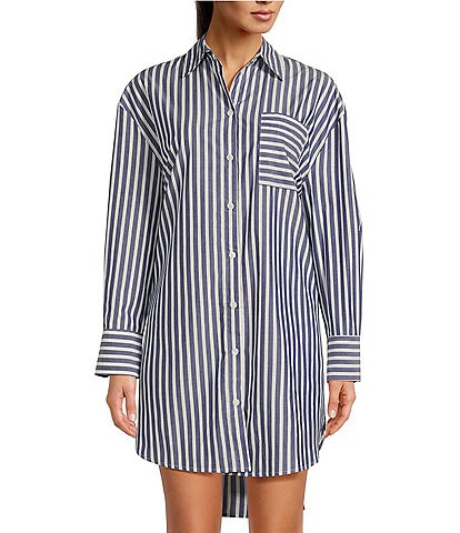 Papinelle Woven Striped Print Long Sleeve Notch Collar Button Front Nightshirt