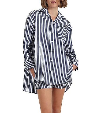 Papinelle Woven Striped Print Long Sleeve Notch Collar Button Front Nightshirt