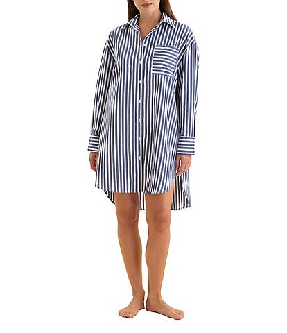 Papinelle Woven Striped Print Long Sleeve Notch Collar Button Front Nightshirt