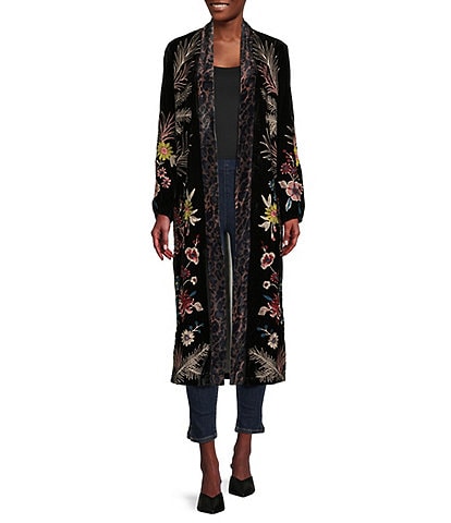 Paris Hues Velvet Embroidered Floral Print Long Sleeve Open Front Duster