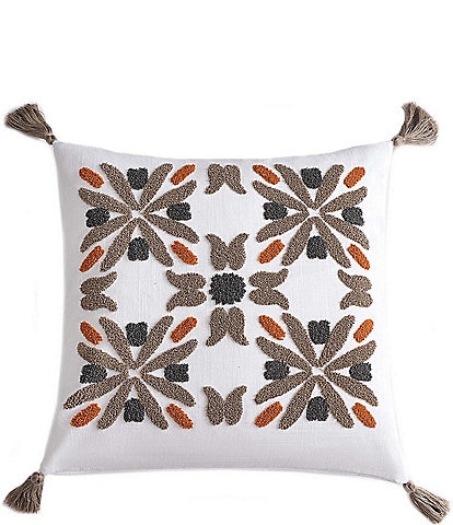 Paseo Road by HiEnd Accents Abbie Crewel Floral Tile Embroidery Tasseled Square Pillow