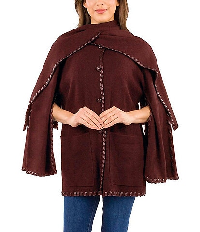 Patricia Nash Batwing Whipstitch Button Front Layered Cape