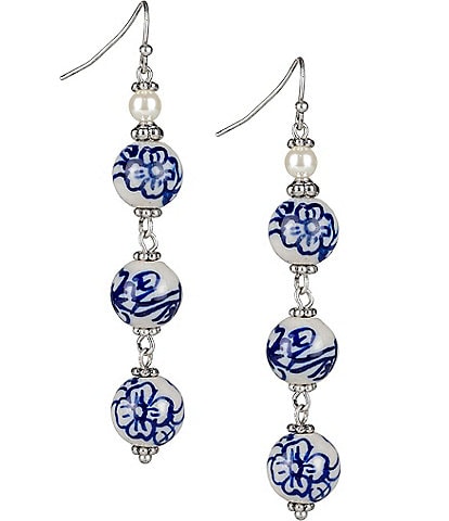 Patricia Nash Blue Silver Ox Triple Bead and Pearl Drop Earrings
