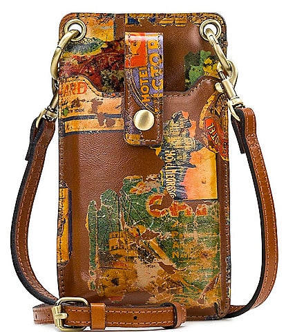 Patricia Nash Farleigh Vintage Travel Sticker Print Leather Phone Crossbody Bag