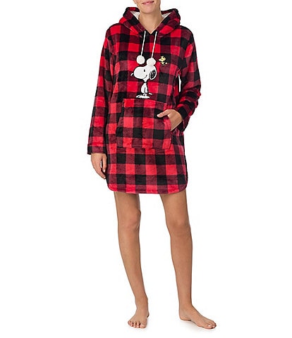 Peanuts Checkered Print Snoopy Long Sleeve Hooded Cozy Knit Holiday Tunic