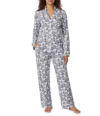 Peanuts Grey Snoopy Print Notch Collar Long Sleeve Knit Pajama Set