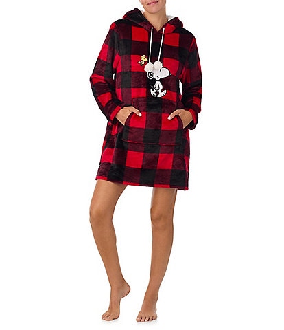 Peanuts Long Sleeve Hooded Plush Checked Print Tunic