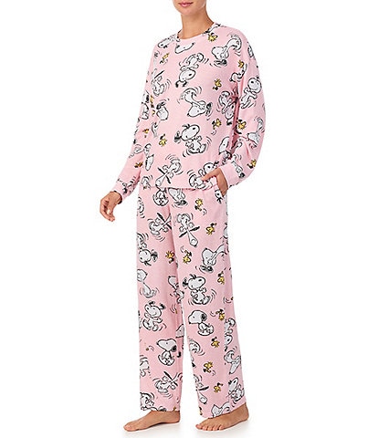 Peanuts Long Sleeve Round Neck Top & Long Pant Sweater Knit Blush Snoopy Print Pajama Set