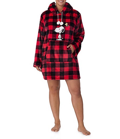 Peanuts Plus Size Checkered Print Snoopy Long Sleeve Hooded Cozy Knit Holiday Tunic