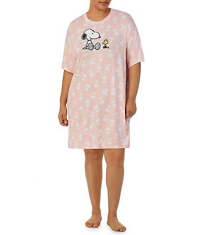 Peanuts Plus Size Jersey Knit Short Sleeve Round Neck Pink Snoopy Print Nightshirt
