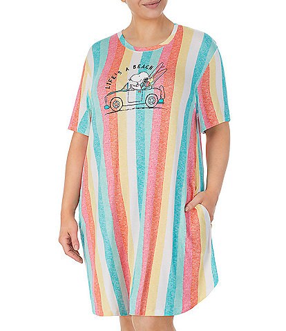Peanuts Plus Size Knit Striped Print Short Sleeve Round Neck #double;Life's A Beach#double; Nightshirt