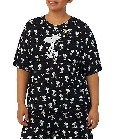 Peanuts Plus Size Short Sleeve Round Neck Coordinating Snoopy Print Knit Jersey Sleep Shirt