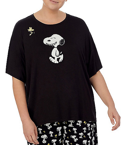 Peanuts Plus Size Snoopy & Woodstock Applique Round Neck Short Sleeve Knit Coordinating Sleep Top