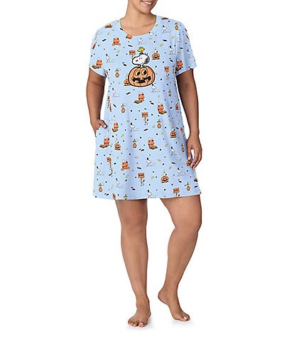 Peanuts Plus Size Snoopy Halloween Printed Short Sleeve Round Neck Knit Sleepshirt