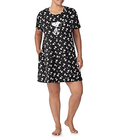 Peanuts Plus Size Snoopy Print Short Sleeve Round Neck Knit Sleepshirt