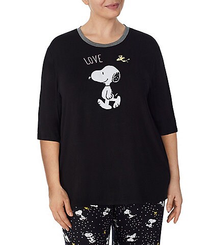 Peanuts Plus Size Solid Knit 3/4 Sleeve Jewel Neck Snoopy Applique Coordinating Sleep Top
