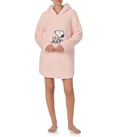 Peanuts Plush Snoopy & Woodstock Applique Hooded Long Sleeve Lounge Pullover