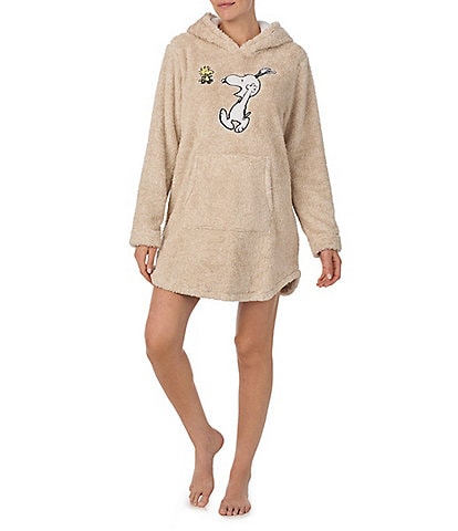 Peanuts Plush Snoopy & Woodstock Applique Hooded Long Sleeve Lounge Pullover